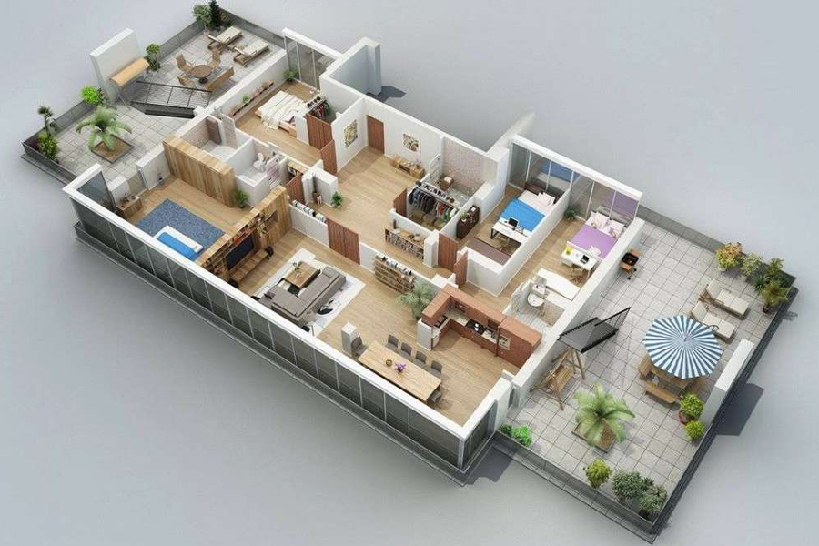 3D floor Plan render of 4 BHK