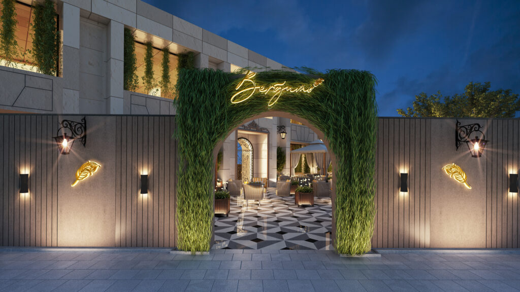 3D Exterior Rendering for Hotel Grand Restaurant front side in New Delhi